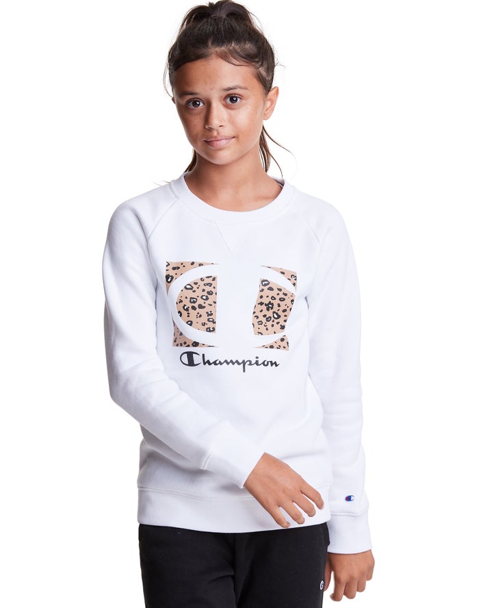 Champion Hoodie Meisjes - Wit - Fleece Raglan Crew Leopard Knockout Logo ( 034219-QHI )